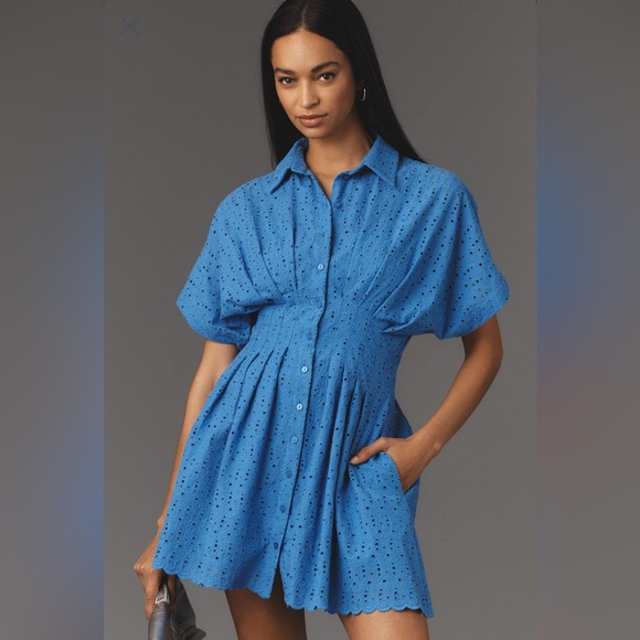 Anthropologie Dresses & Skirts - Anthropologie Blue Eyelet Mini Shirt Dress
